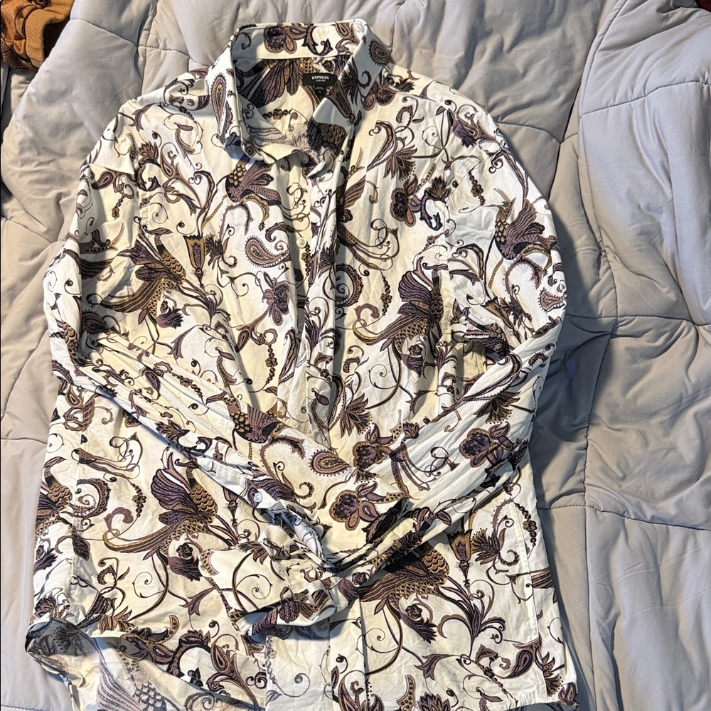 Express Men's Shirt with Cream and Brown Floral Pattern